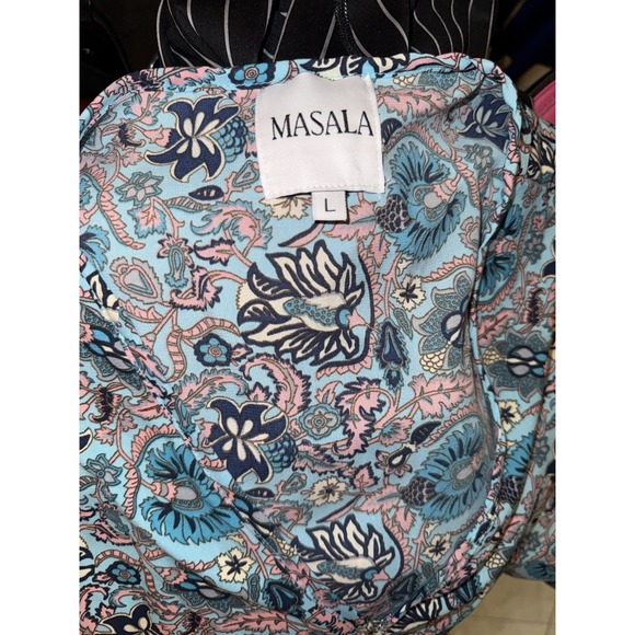 Masala Maxi dress W a blue and white floral V-neck Long-fit sleeves SZ L - Picture 15 of 15